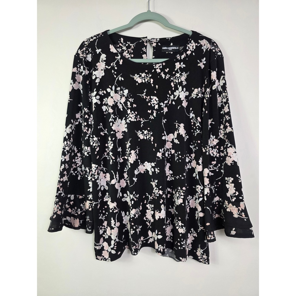 Karl Lagerfeld Paris Floral Blouse Black Pink Tiered Trumpet Sleeve Size XL